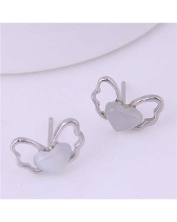 Opal Inlaid Korean Fashion Butterfly Sweet Women Stud Earrings - White