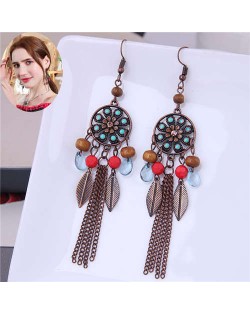 Resin Gem Leaves and Chain Tassel Combo Vintage Bohemian Long Dangle Earrings