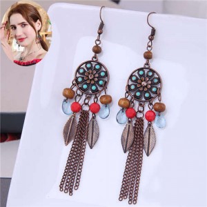 Resin Gem Leaves and Chain Tassel Combo Vintage Bohemian Long Dangle Earrings