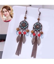 Resin Gem Leaves and Chain Tassel Combo Vintage Bohemian Long Dangle Earrings