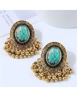Royal Fashion Golden Beads Tassel Design Oval Shape Women Costume Earrings - Green
