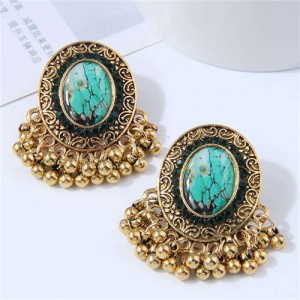 Royal Fashion Golden Beads Tassel Design Oval Shape Women Costume Earrings - Green