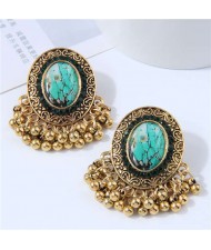 Royal Fashion Golden Beads Tassel Design Oval Shape Women Costume Earrings - Green
