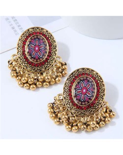 Royal Fashion Golden Beads Tassel Design Oval Shape Women Costume Earrings - Red