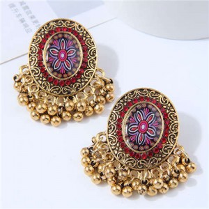 Royal Fashion Golden Beads Tassel Design Oval Shape Women Costume Earrings - Red