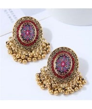 Royal Fashion Golden Beads Tassel Design Oval Shape Women Costume Earrings - Red