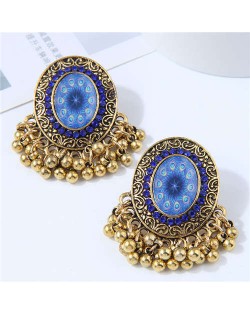 Royal Fashion Golden Beads Tassel Design Oval Shape Women Costume Earrings - Blue