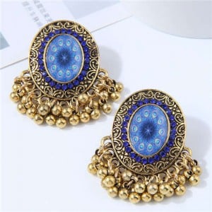 Royal Fashion Golden Beads Tassel Design Oval Shape Women Costume Earrings - Blue