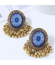 Royal Fashion Golden Beads Tassel Design Oval Shape Women Costume Earrings - Blue