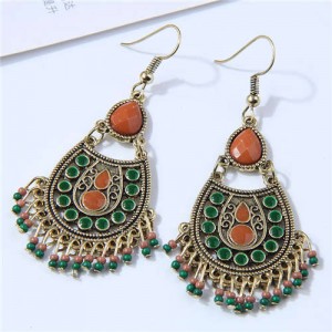 Oil-spot Glazed Bohemian Fashion Waterdrop Tassel Fashion Women Dangle Costume Earrings - Green