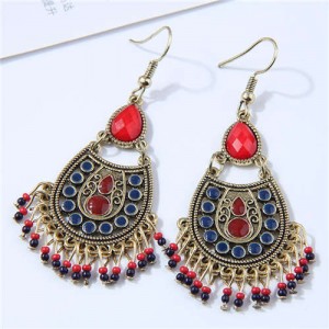 Oil-spot Glazed Bohemian Fashion Waterdrop Tassel Fashion Women Dangle Costume Earrings - Blue