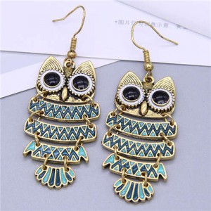 Enamel Night Owl Vintage Fashion Women Wholesale Costume Earrings - Green