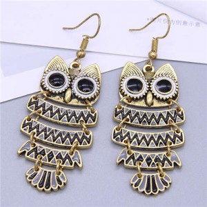 Enamel Night Owl Vintage Fashion Women Wholesale Costume Earrings - Black