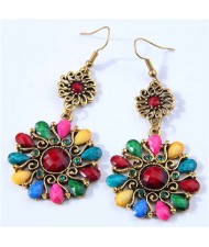 Vintage Royal Fashion Resin and Rhinestone Flower Design Women Dangle Earrings - Multicolor