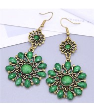 Vintage Royal Fashion Resin and Rhinestone Flower Design Women Dangle Earrings - Green