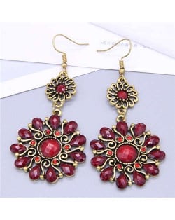 Vintage Royal Fashion Resin and Rhinestone Flower Design Women Dangle Earrings - Red