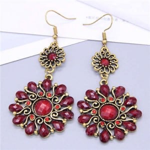 Vintage Royal Fashion Resin and Rhinestone Flower Design Women Dangle Earrings - Red