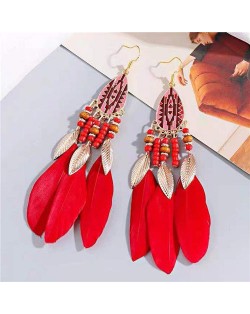 Bohemian Fashion Feather Design Popular U.S. Style Women Costume Earrings - Red