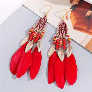 Bohemian Fashion Feather Design Popular U.S. Style Women Costume Earrings - Red