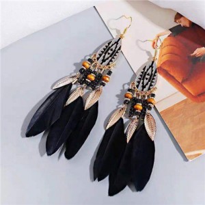 Bohemian Fashion Feather Design Popular U.S. Style Women Costume Earrings - Black