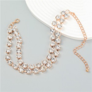 Punk Style Double Layers Full Glistening Rhinestones Statement Necklace - Golden