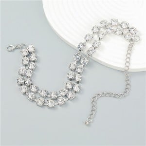 Punk Style Double Layers Full Glistening Rhinestones Statement Necklace - Silver