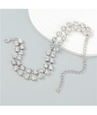 Punk Style Double Layers Full Glistening Rhinestones Statement Necklace - Silver