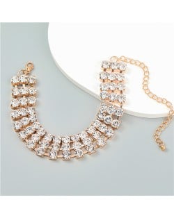 Punk Style Double Layers Full Glistening Rhinestones Statement Necklace - Golden