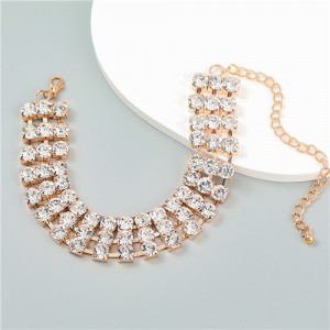 Hip-hop Design Three Layers Full Bling Rhinestones Bold Fashion Women Necklace - Golden