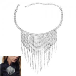 U.S. Fashion Full Rhinestone Long Tassel Wholesale Women Necklace - Silver
