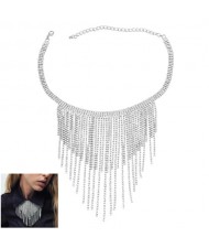U.S. Fashion Full Rhinestone Long Tassel Wholesale Women Necklace - Silver