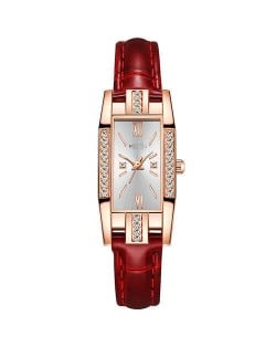 Rhinestone Embellished Oblong Shape Bejeweled Fashion Women Leather Wrist Watch - White