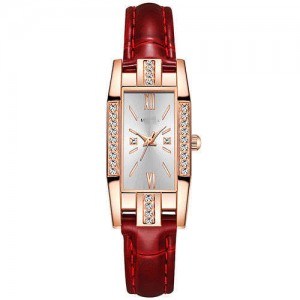 Rhinestone Embellished Oblong Shape Bejeweled Fashion Women Leather Wrist Watch - White