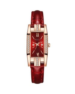 Rhinestone Embellished Oblong Shape Bejeweled Fashion Women Leather Wrist Watch - Red