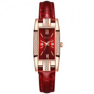 Rhinestone Embellished Oblong Shape Bejeweled Fashion Women Leather Wrist Watch - Red