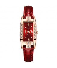 Rhinestone Embellished Oblong Shape Bejeweled Fashion Women Leather Wrist Watch - Red