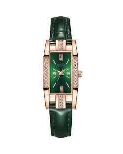 Rhinestone Embellished Oblong Shape Bejeweled Fashion Women Leather Wrist Watch - Green