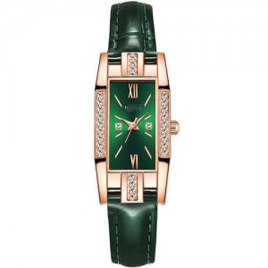 Rhinestone Embellished Oblong Shape Bejeweled Fashion Women Leather Wrist Watch - Green