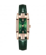 Rhinestone Embellished Oblong Shape Bejeweled Fashion Women Leather Wrist Watch - Green