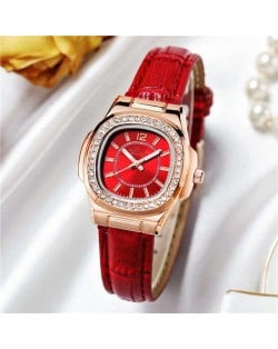 Rhinestone Rimmed Square Dial Leather Texture Band Lady Watch - Red