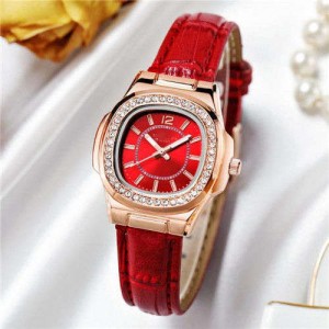 Rhinestone Rimmed Square Dial Leather Texture Band Lady Watch - Red