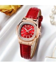 Rhinestone Rimmed Square Dial Leather Texture Band Lady Watch - Red