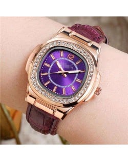 Rhinestone Rimmed Square Dial Leather Texture Band Lady Watch - Purple