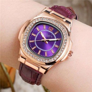 Rhinestone Rimmed Square Dial Leather Texture Band Lady Watch - Purple