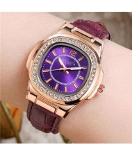 Rhinestone Rimmed Square Dial Leather Texture Band Lady Watch - Purple