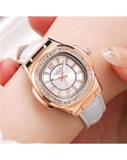 Rhinestone Rimmed Square Dial Leather Texture Band Lady Watch - White