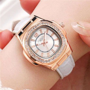 Rhinestone Rimmed Square Dial Leather Texture Band Lady Watch - White