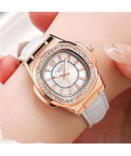 Rhinestone Rimmed Square Dial Leather Texture Band Lady Watch - White