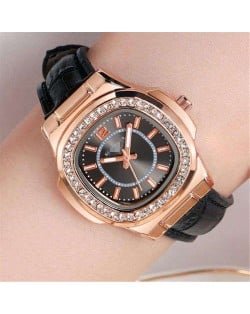 Rhinestone Rimmed Square Dial Leather Texture Band Lady Watch - Black