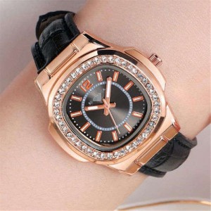 Rhinestone Rimmed Square Dial Leather Texture Band Lady Watch - Black